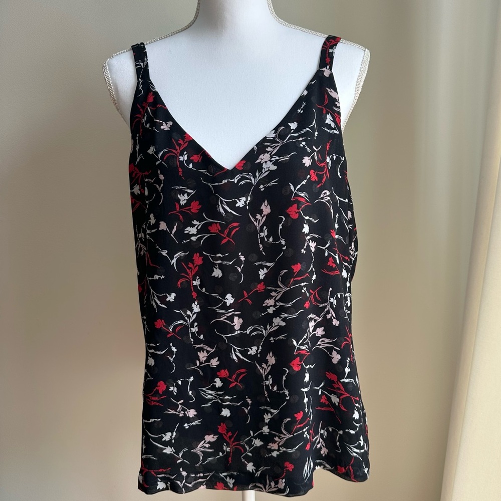 White House Black Market Black Floral Print Women's Top Size Large‎